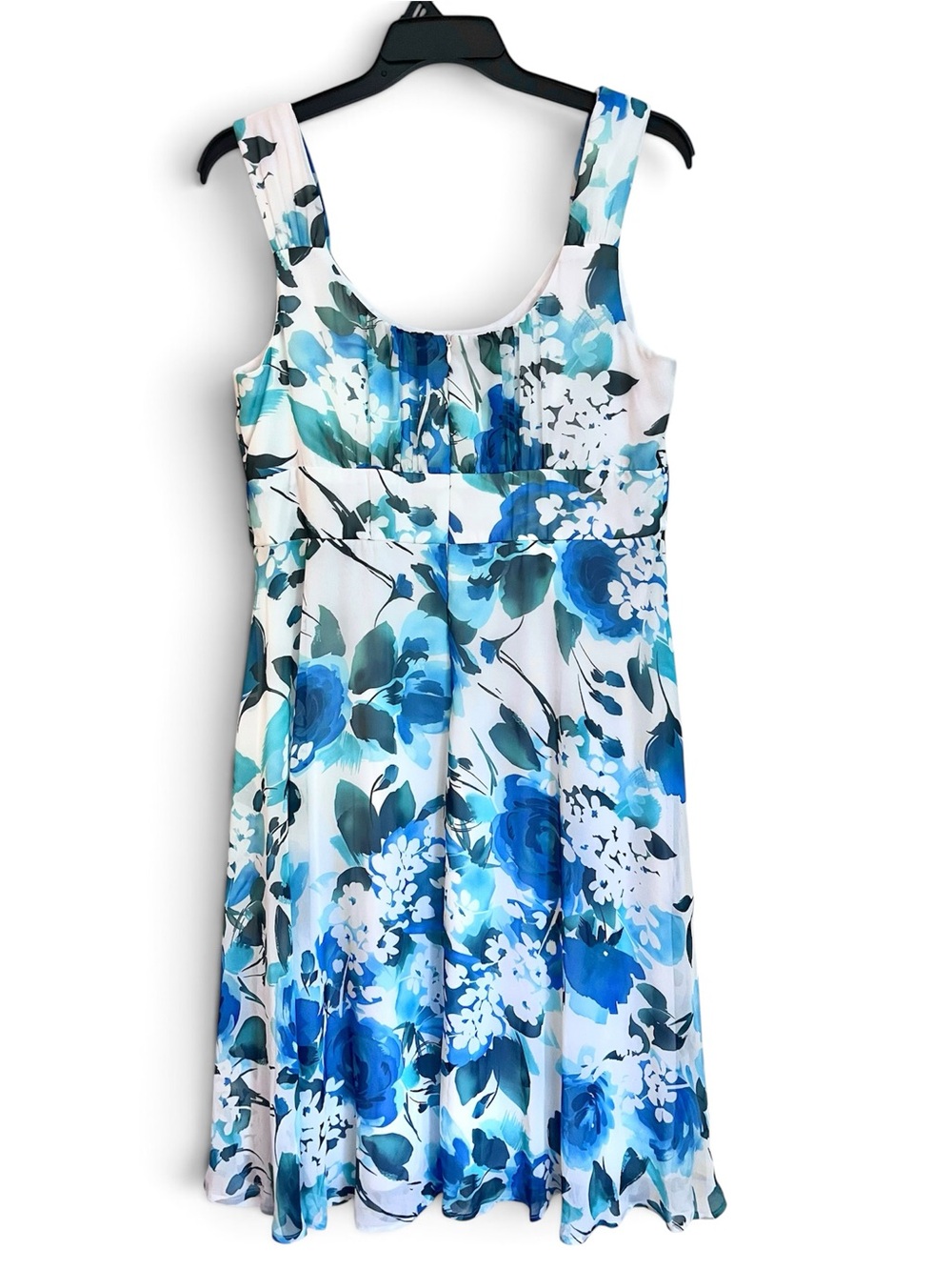 Connected Apparel White Blue Floral Chiffon Empire Waist Dress, Size 16